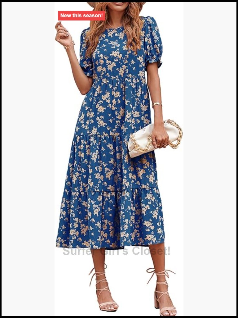 Casual Floral Boho Midi Sundress Puff Short Sleeve Flowy Beach